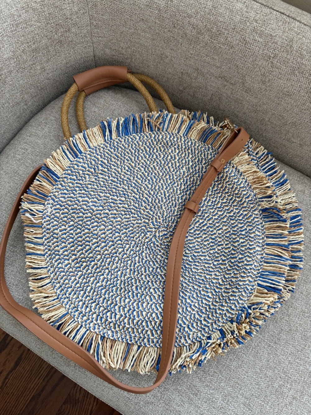 Anthropologie Blue & Natural Round Fringe Straw Tote with Brown Strap